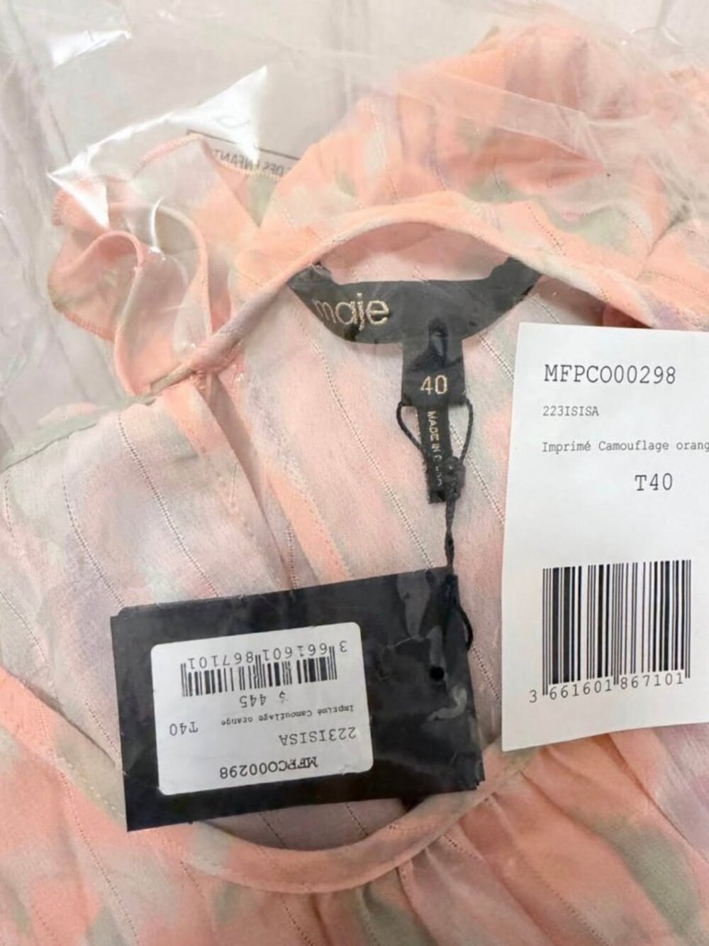 Maje Orange Camouflage Print Pleated Romper Size 40 NWT